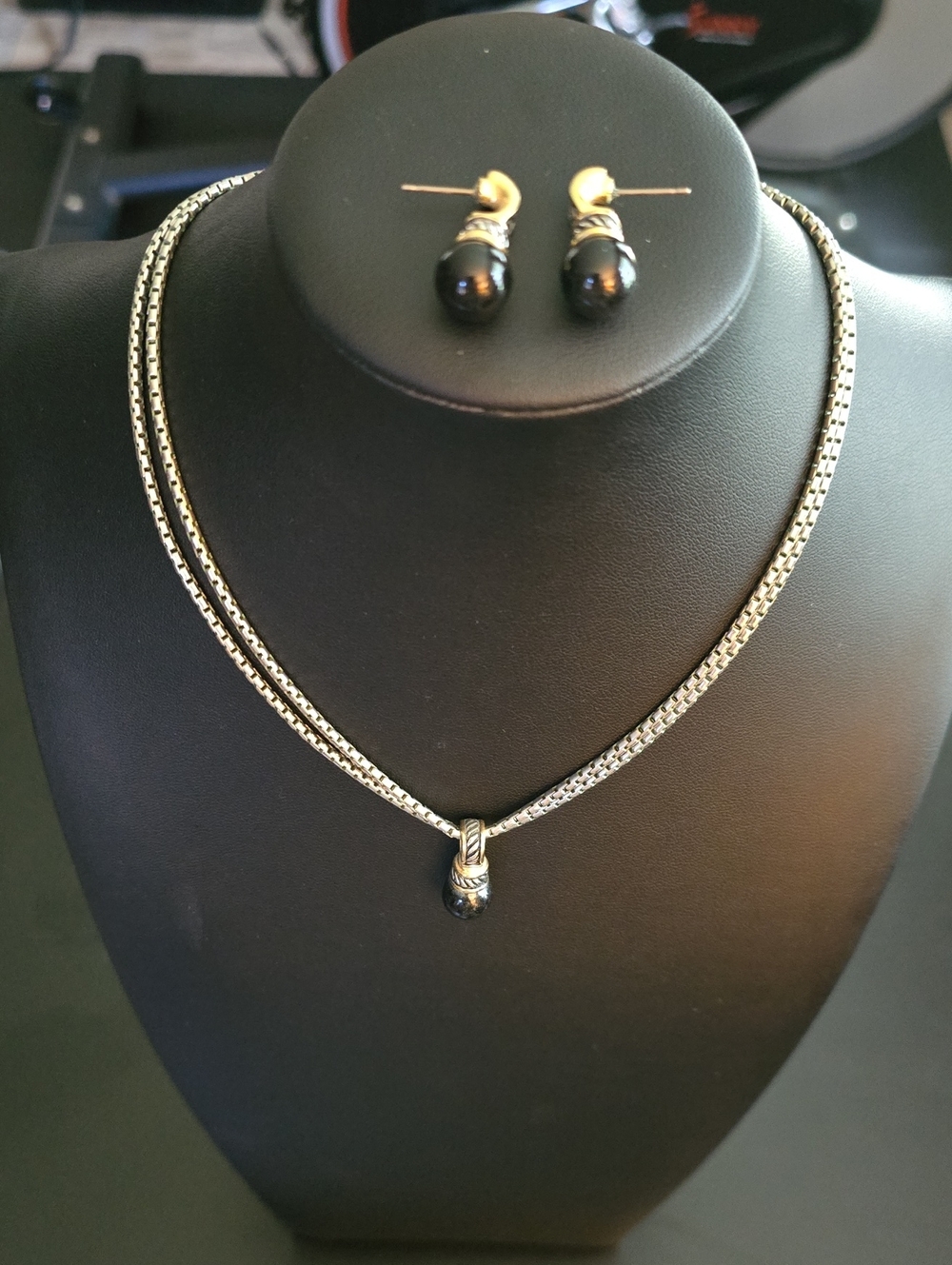 Vintage Premier Designs Two-Tone Faux Black Onyx Teardrop Pendant Double Chain